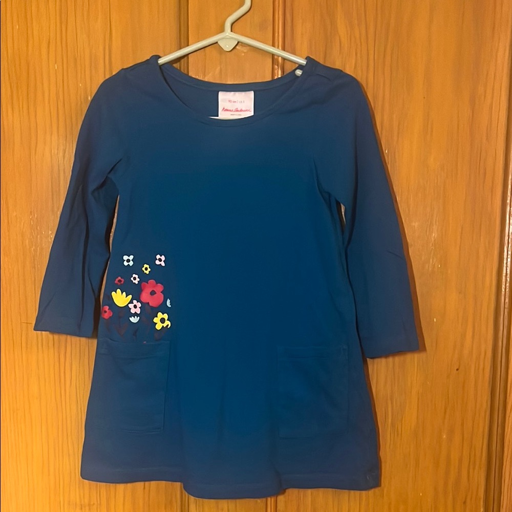 Hanna Anderson size 3: Long sleeve dress; Teal with Floral Design